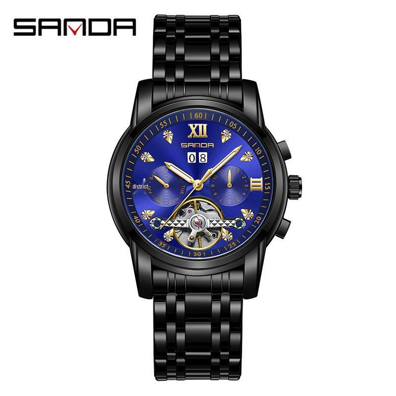 Sanda 7002 Men's Luminous Quartz Watch with Leather Strap & Rotating Starry Sky Dial