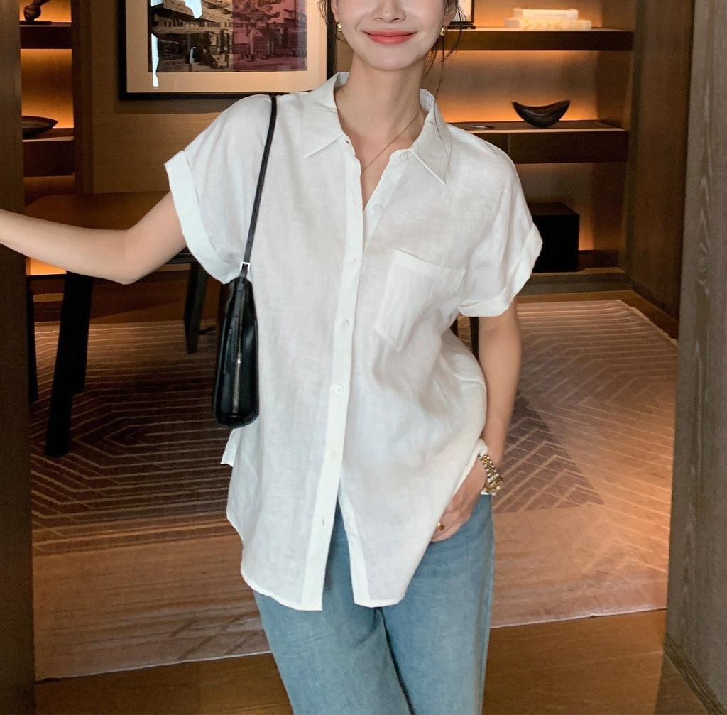 Kochi Rain Dew Asahara linen short-sleeved shirt for women, summer loose lapel-neck commuter linen shirt