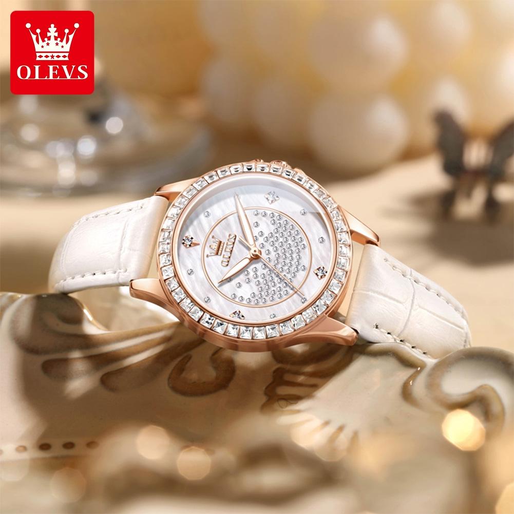 OLEVS Women's Watch Full Diamond Luxury Original Quartz Wrist Watch for Woman Fashion Leather Strap Waterproof Ladies Watch 3715