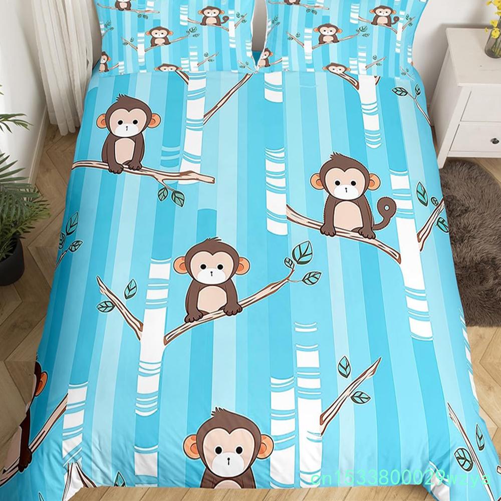 Cute Monkey Bedding Set Full Twin Cartoon Banana Stars Duvet Cover Tropical Wild Animal Fruit Comforter Cover Yellow Quilt Cover