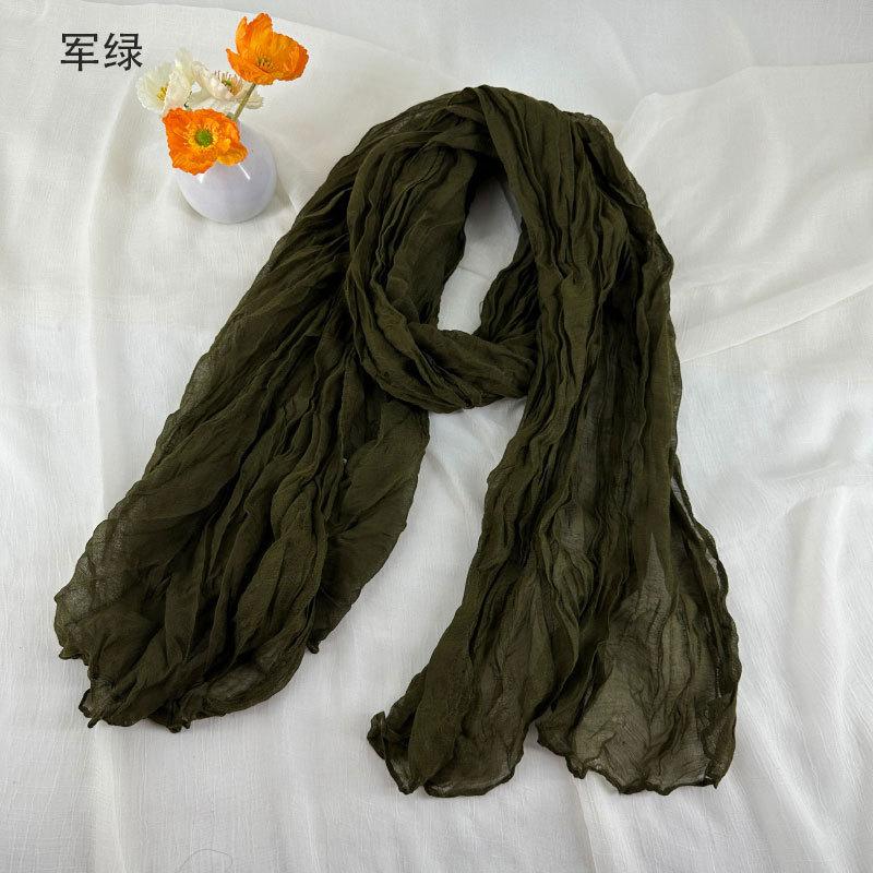 Women Soft Breathable Cotton and Linen Scarves Solid Color Pleated Scarf Retro Bohemian Style Long Wraps 180*90cm Multi Color