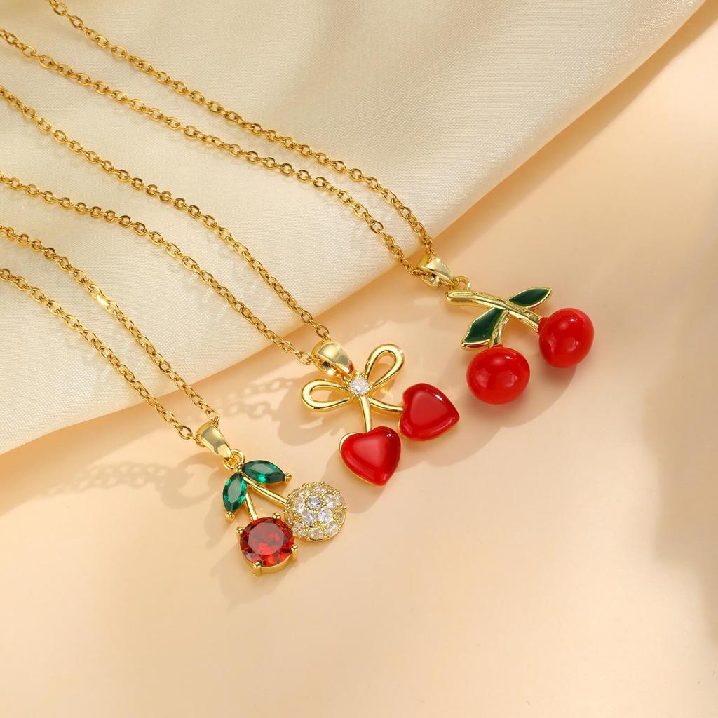 Delicate Red Cherry Pave Zirconia Pendant Necklace for Women, Fruit Summer Jewelry