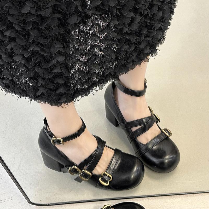 Cross-buckle Mary Jane women's high heels autumn 2025 new with skirt retro round head thick heel low-top shoes