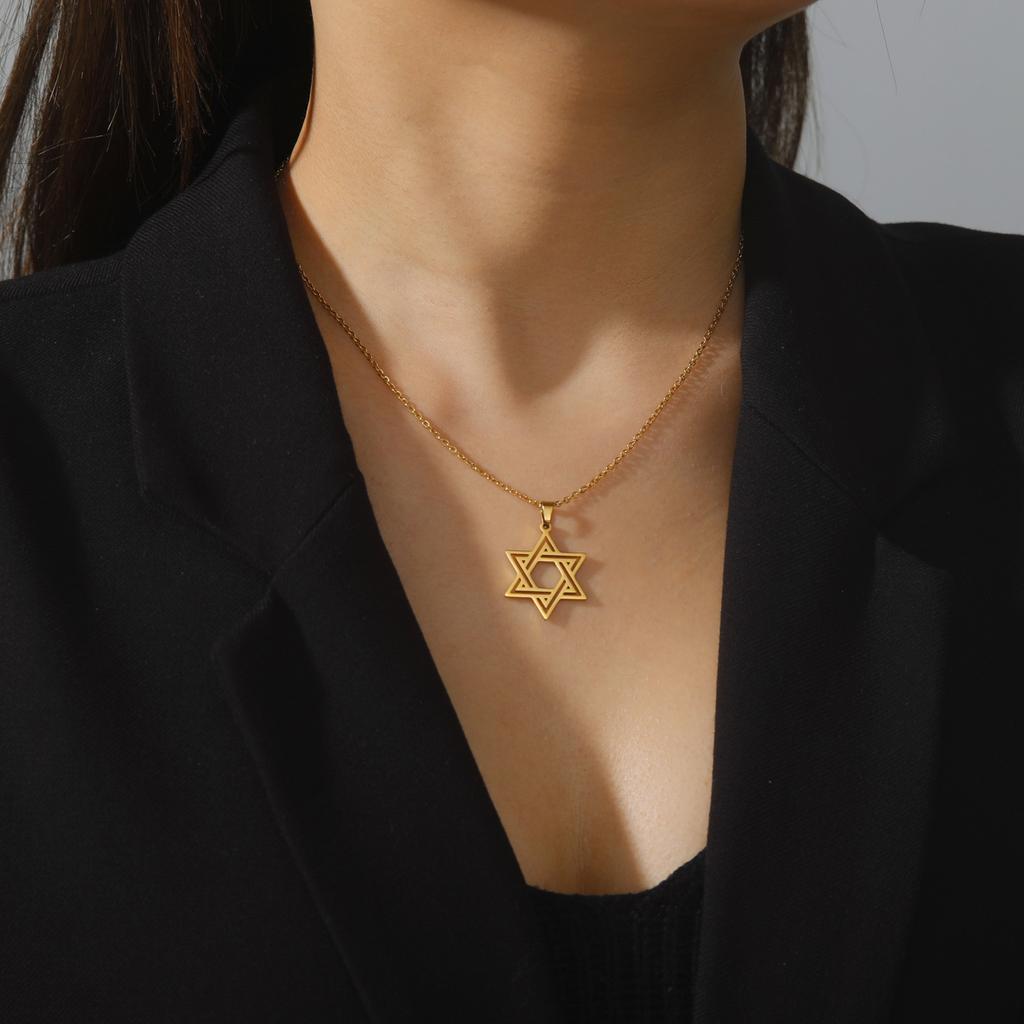 Je Bible Stainless Steel Hexagram Chain Necklace Women Men Cutout Star of David Hexagon Choker Necklace Mezuzah Jewelry