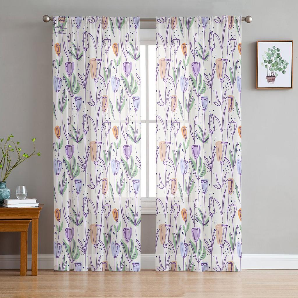 Spring Flowers Plant Tulips Voile Sheer Curtains For Living Room Window Chiffon Tulle Curtain Kitchen Bedroom Drapes Home Decor