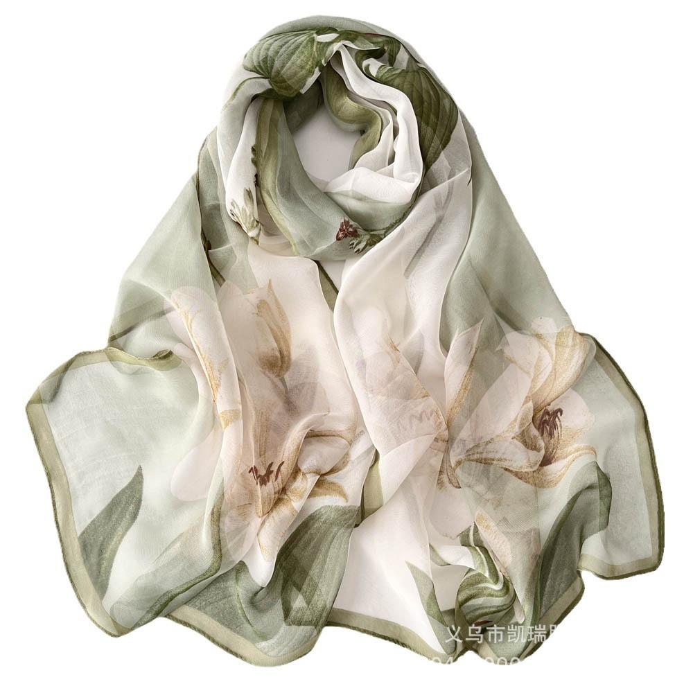 Neuer Sonnenschutz Langer Seidenschal Mohnblume Dünne Imitationsseide Frühling und Sommer Georgette Dekoration Damen Bedruckter Schal