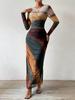 European & American Fashion Mesh Print Ruffle Bodycon Dress