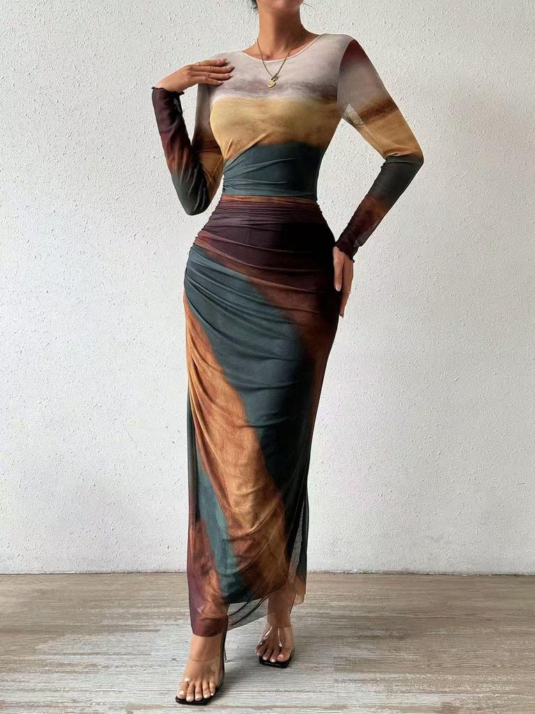European & American Fashion Mesh Print Ruffle Bodycon Dress