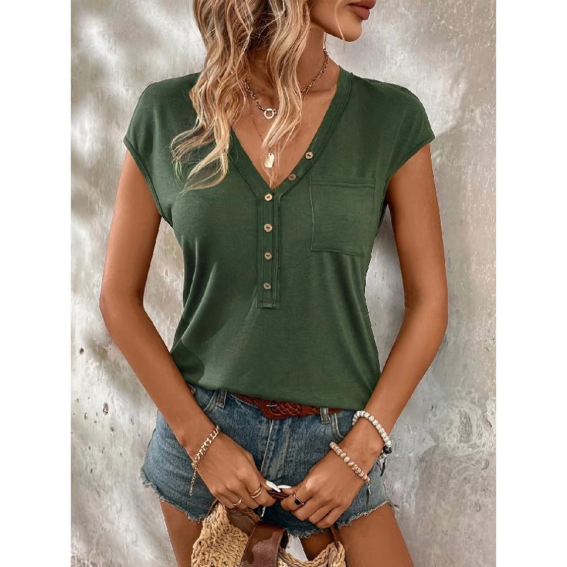 Solid Color Versatile Women's Short Sleeve Pullover Top 2026 Summer Casual Loose V-Neck T-Shirt