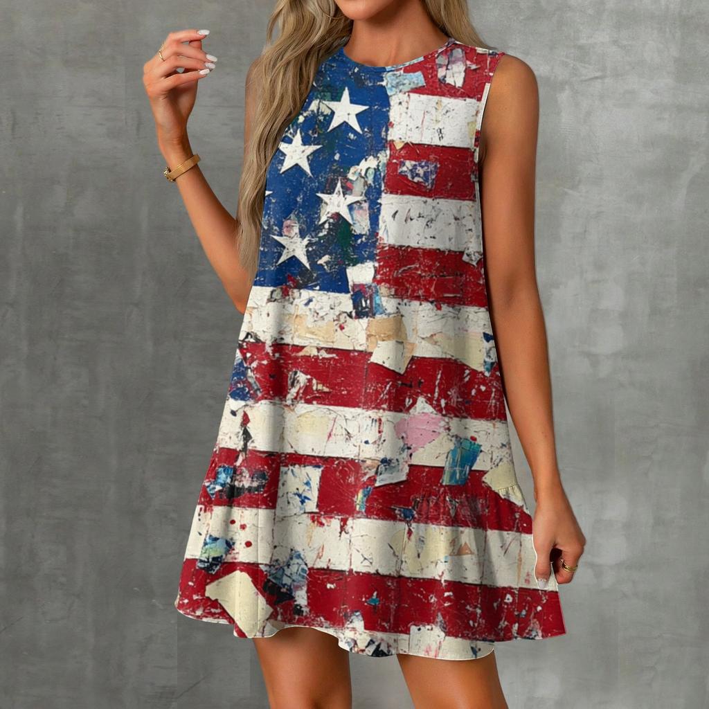Women's Fashion Casual Sleeveless Round Neck Ruffle Independence Day Printed Dresses