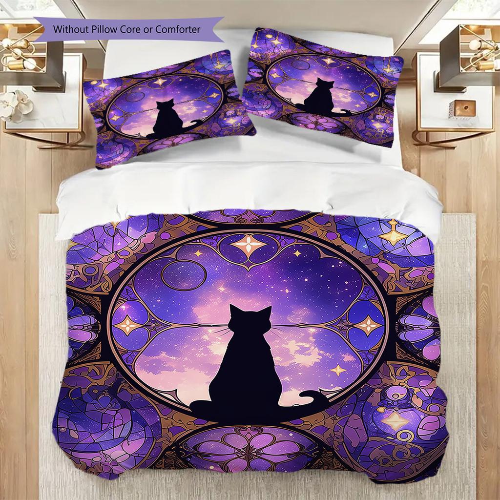 Black Cat Pattern Bedding Quilt Set Quilt Cover Pillowcase Home Decoration Birthday Gift (1 * Duvet Cover + 2 * Pillowcase, Without Core)