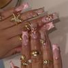24 Stuks Lange Vierkante Press-On Nagels Frans Blauw Glitter Bloemen Design Plak Op Kunstnagels Voor Vrouwen Draagbare Manicure Tips