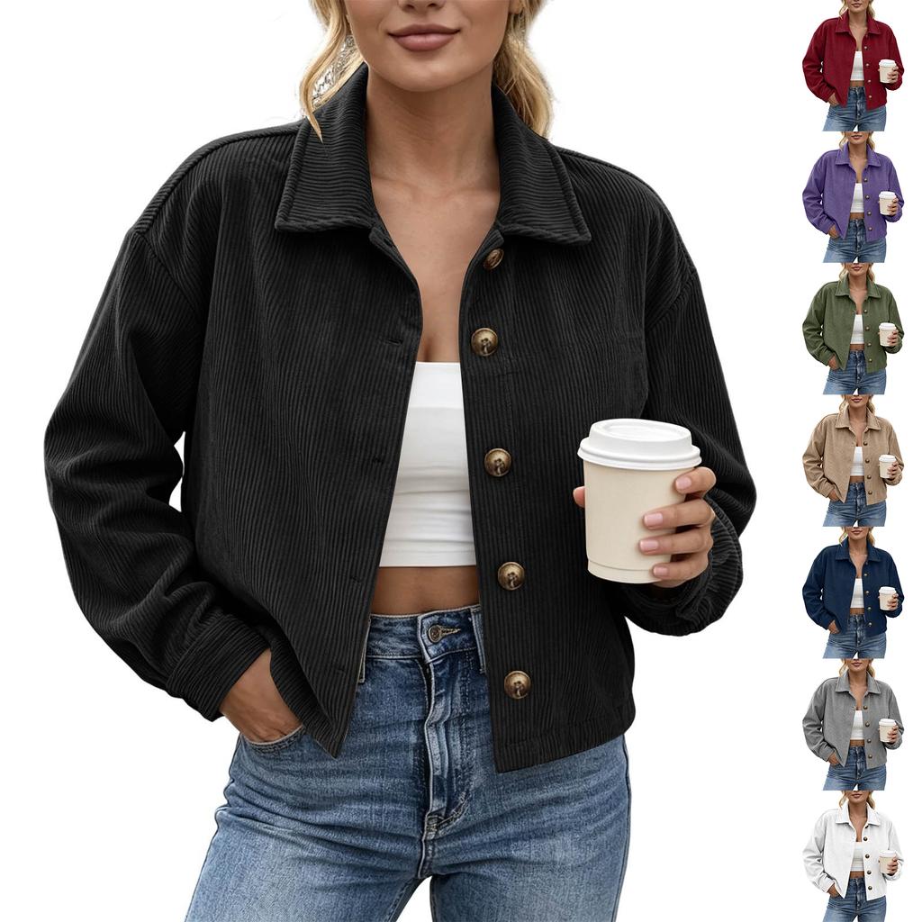 Women's Corduroy Jacket, Stylish Loose Fit Cropped Design with Collar, Versatile Everyday Wear