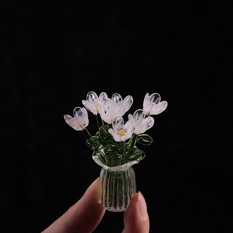 6/7Pcs Mini Lifelike Glass Flowers Simulation Flowers Handcrafted Floral Sculpture Floral Bouquet With Vase Home Decoration Gift