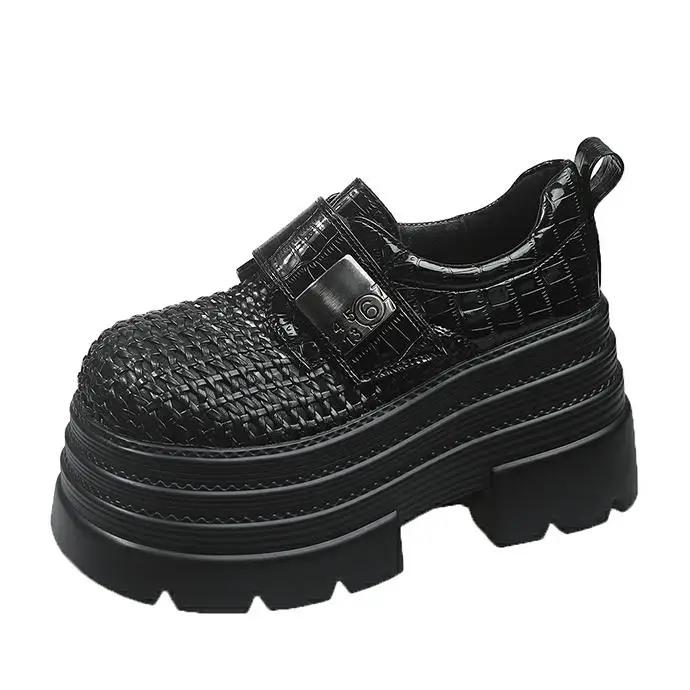 

Модная женская обувь на платформе 8 см, слипоны, толстая подошва, новинка лета, ажурные кожаные массивные кроссовки, дышащие, для улицы, босоножки на высоком каблуке 34 чёрный