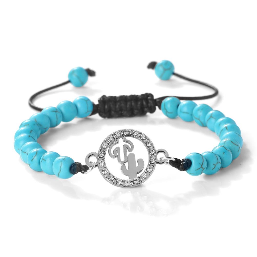 European-American Adjustable Woven Bracelet with Micro-inlaid Alloy Pendant and 6mm Round Beads синего кактуса