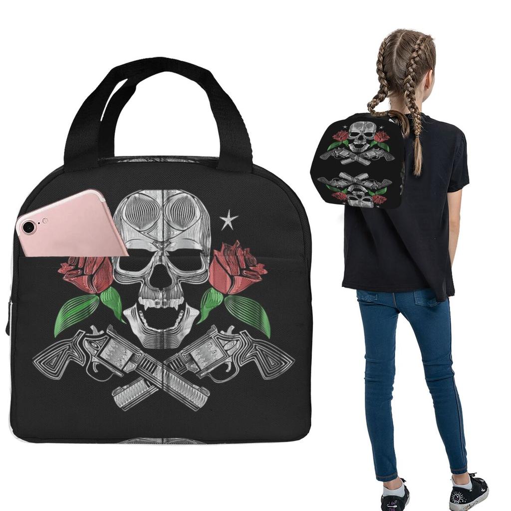 Red Roses With Guns And Skull Design Zip Hoodie Insulated Lunch Bag for Women Children Food Boxes Thermal Lunch Box Tote