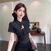 New Chinese Retro Smudged Spice Girl Cheongsam Top Women's Hollow Design Sense of National Style Pendant Disc Buckle Short Sleeve T-shirt Tide
