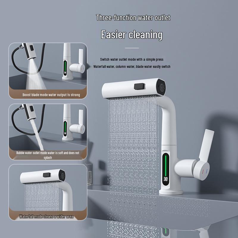 Premium White Digital Display Rain Shower Basin Faucet with Pull-out Rotating Waterfall Feature