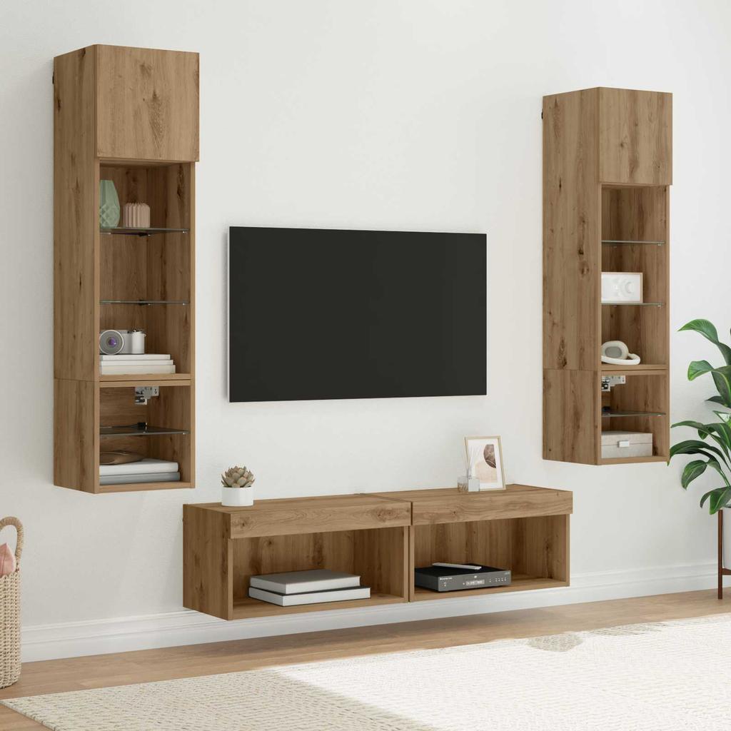 LED TV Wall Unit Wall Mounted 6 Pcs Artisan Oak Wood Based Panel