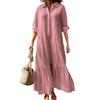 Vestido Camisa de Algodão Linho Feminino Manga Longa Decote V Botões Vestido Maxi Casual