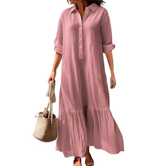 Vestido Camisa de Algodão Linho Feminino Manga Longa Decote V Botões Vestido Maxi Casual