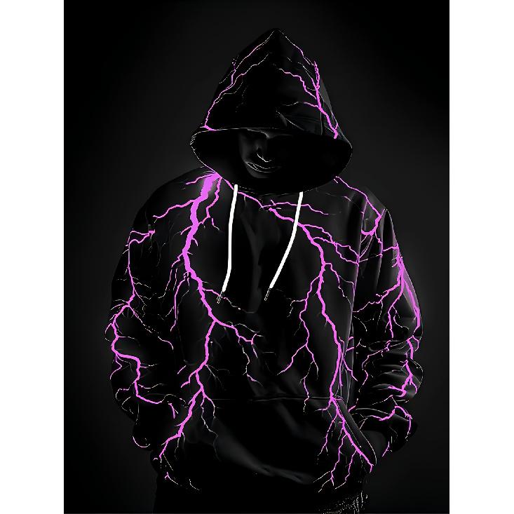 Men 3D Lightning Print Hoodie Casual Sports Knit Sweatshirt With Drawstring Pockets for Spring Autumn Winter