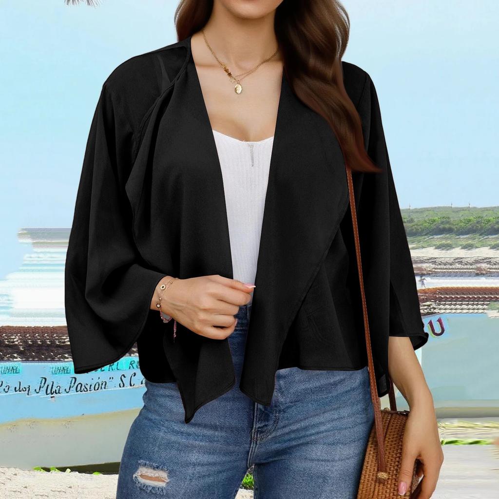 Women's Loose Flared Sleeves Solid Color Chiffon Short Cardigan Sunscreen Top