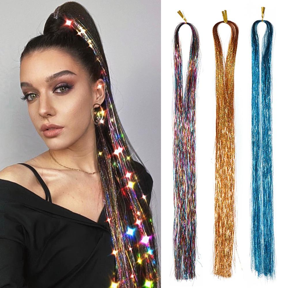 Hippie Decor Glitter Strips Party Headdress Tinsel Sparkle Silk Wig Long Straight Sparkly Ponytail