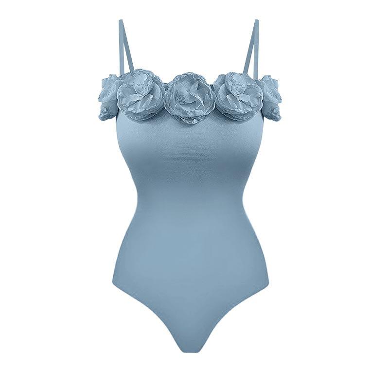 One-piece swimsuit French handmade flower sewn swimsuit women S