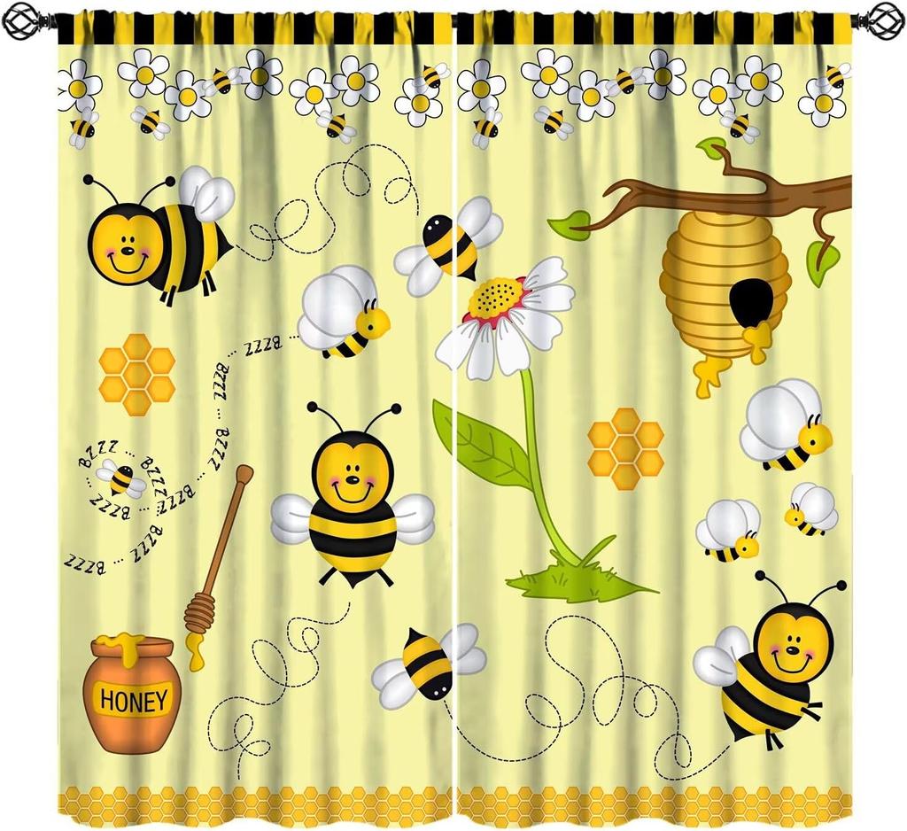 Bee Curtains Boy Girl Bedroom Spring Yellow Honeybee Inspirational Art Printed Window Drapes Living Room Curtain Light Blocking Polyester Ideal For