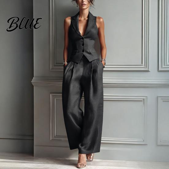 Women Two-piece Women's Summer 2 Piece Business Work Outfits Sleeveless Button Slim Fit Suit Down Vest And Wide Leg Pants Matching Set Clothing