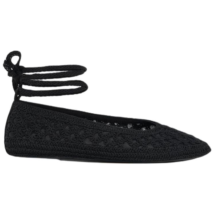 Zara Round Toe Lightweight Lace-Up Hollow Crochet Ballet Casual Shoes 1cm Women Shoes Black 13553510800
