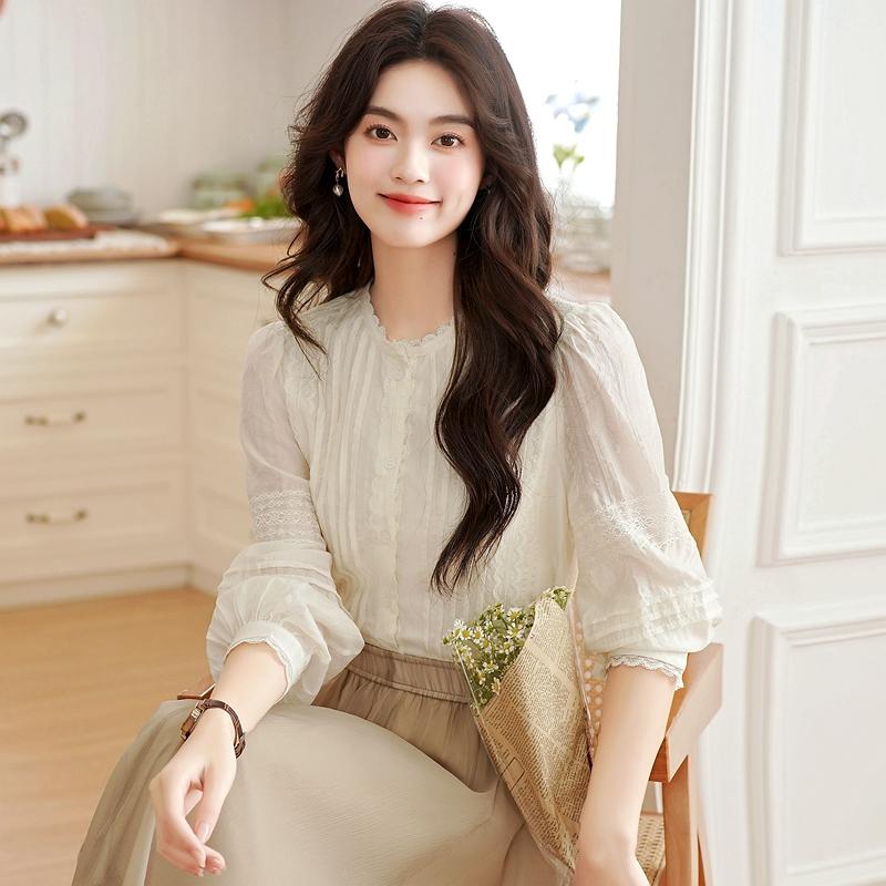 Autumn Fashion New 2024 Long Sleeve O-Neck Casual Apricot Blouse Shirt Women Tops Blouses Shirts J428