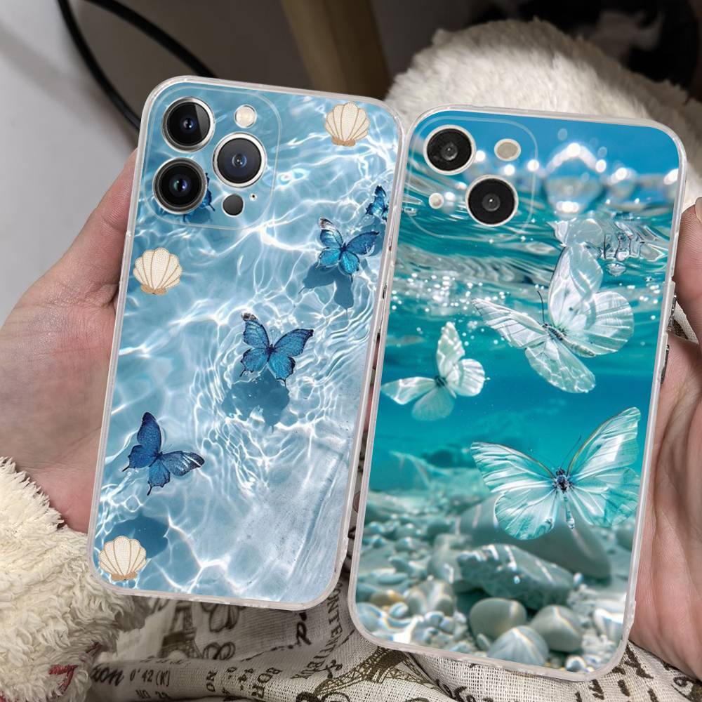 Blue Butterfly Ocean Waves Phone Case For iPhone 17 15 14 13 11 12 16 Pro Max Plus Mini Transparent Silicone Soft Funda