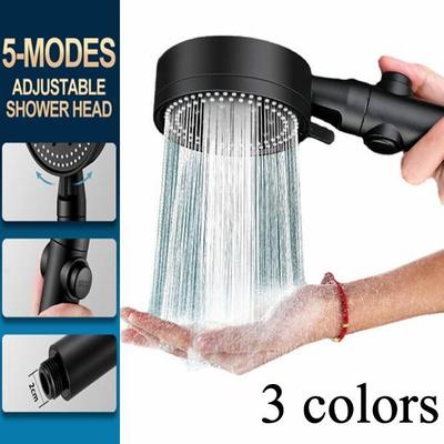Black Eco Shower Head with 5 Adjustable Modes, High Pressure, Water Saving, and One-Key Stop Water Massage