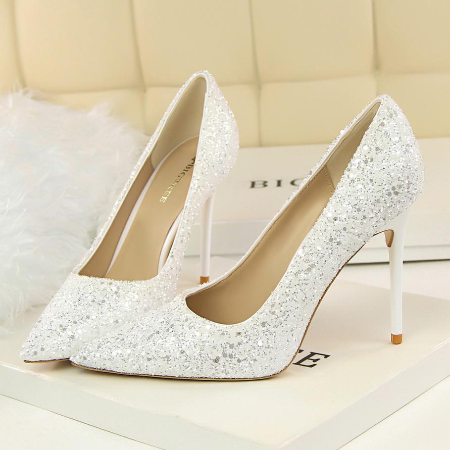 Fashion 2025 Women 9.5cm High Heels Plus Size 43 Stripper Glitter Scarpins Luxury Pumps Stiletto Wedding Bridal Gold Silver Fetish Shoes