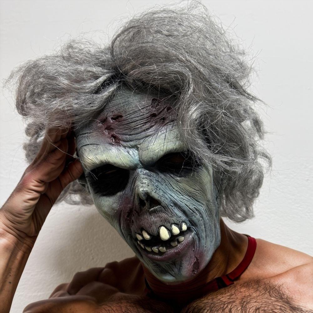 Maschera Zombie Uomo Morto Grigia per Capelli in Gomma con Morso di Sangue Cicatrice di Halloween Denti Cattivi Dettagliati Accessorio Costume di Halloween