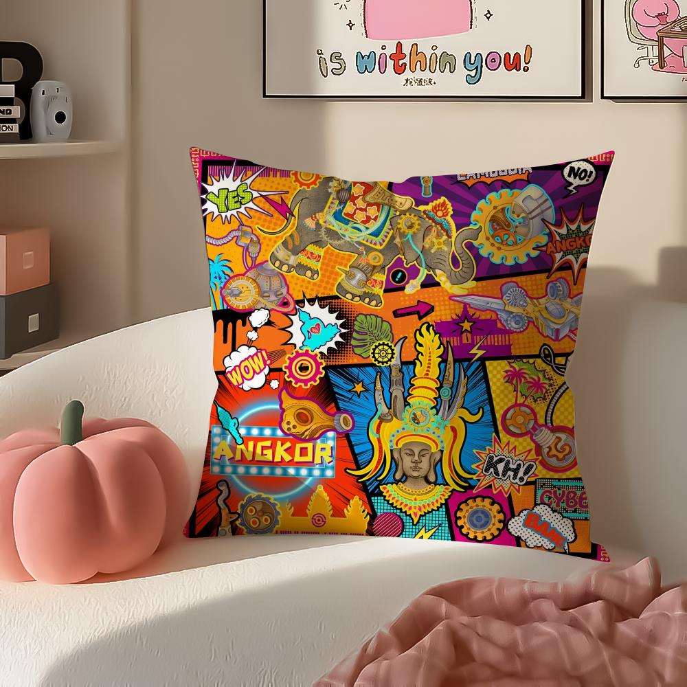 Cambodian Buddha Print Art Cushion Cover Pillowcase Short Plush Invisible Zipper Room Sofa Cushion Cover