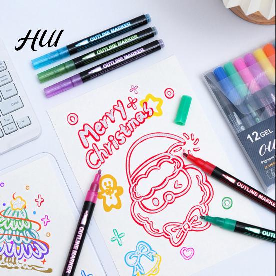 Radiating Lines Markers Dual-Tip Metallic Outline Pens Fluorescent Marker with Colorful Borders Paint Smooth Tip Highlighters for Cards Crafts & Notes