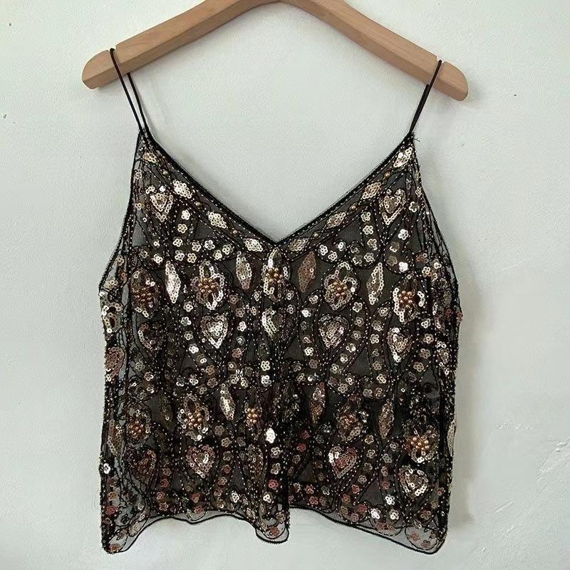 Women's Summer Sequin Beaded Deep V-Neck Crop Cami – Sparkly Sleeveless Layering Tank Top, Sexy Slimming Clubwear