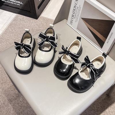 2024 New Girls Leather Shoes Simple Non-slip Bow Round-toe Versatile Soft Elegant Korean Style Kids Princess Loafers Soft Spring