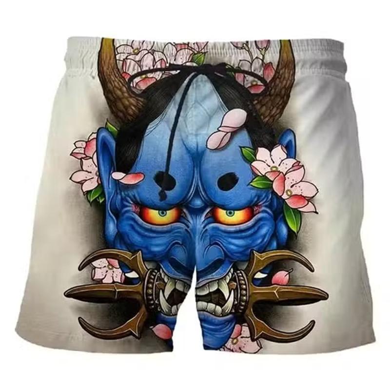 Vintage Japanese Tattoo Mask 3D Print Beach Shorts Men Women Summer Casual Swimtrunks Surfing Board Shorts Y2k Kids Clothing