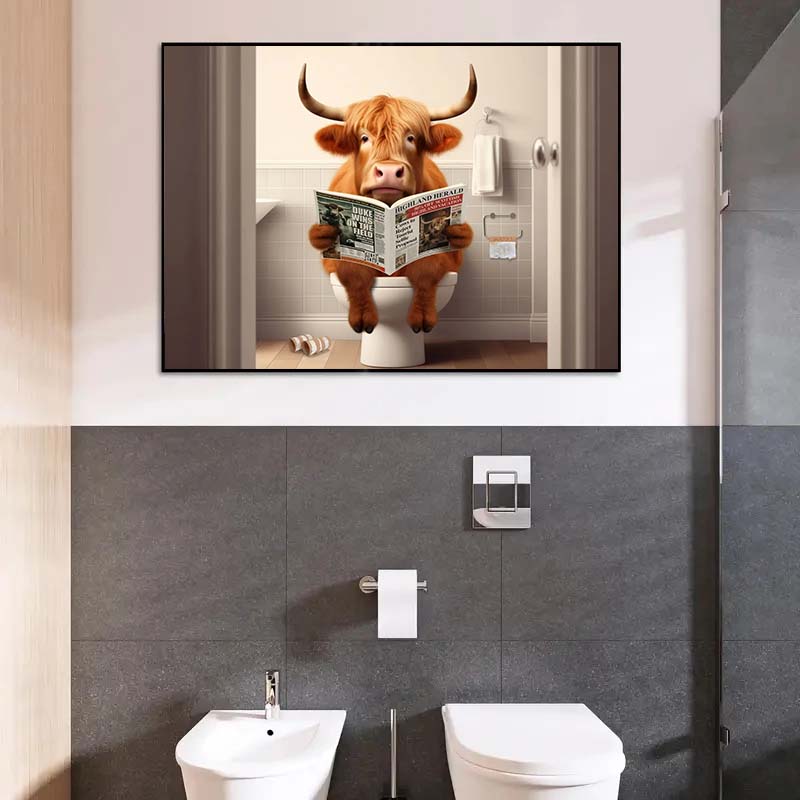 Modern Lion Dog Highland Sitting On Toilet Reading Newspaper Poster Funny Animal Print Canvas Painting Bathroom Decor Picture