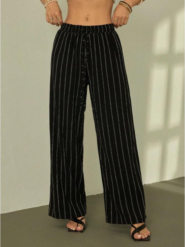 

Elegant Stripe Wide-Leg Lace-Up Casual Pants 2XL чёрный