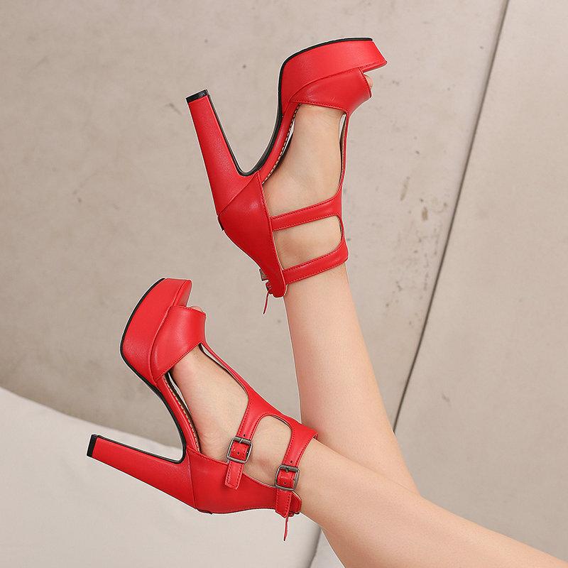 Fish mouth sandals summer waterproof table thick-soled thick heel super high heel belt buckle rear zipper hollow women's high heel sandals