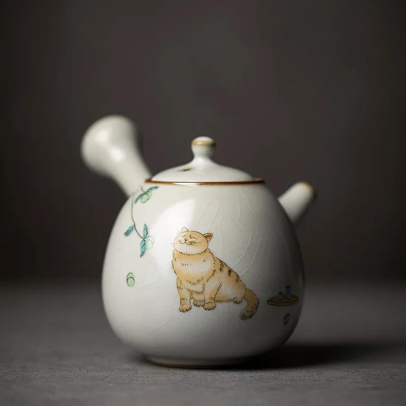 230ml Chinese Ru Kiln Side Handle Teapots Handmade Cute Cat Pattern Ceramic Kettle Travel Portable Filter Tea Pot Home Tea Set