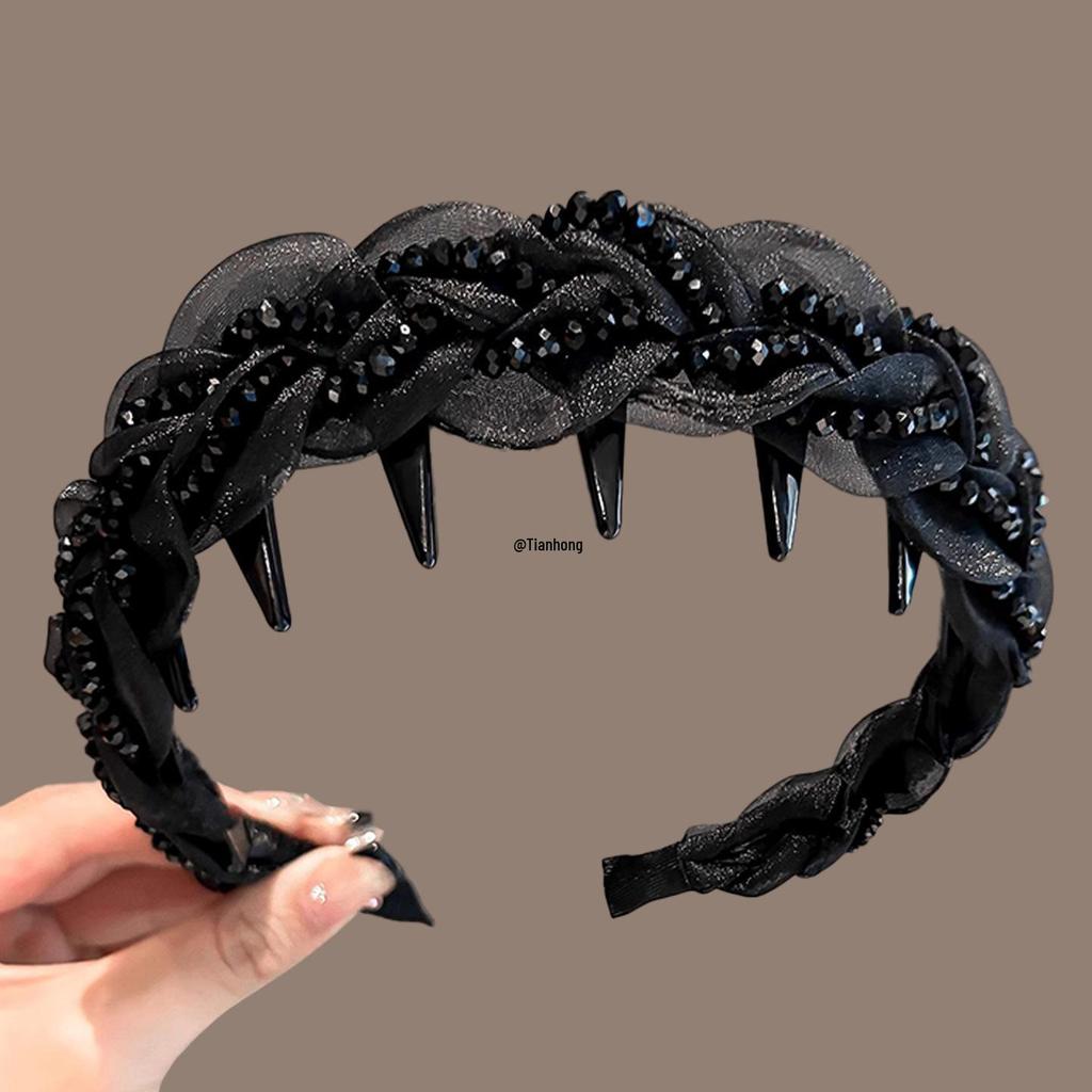 2025 Hoher Krone Schwarzes Netz Strass Stirnband - Feminines Luxus Haaraccessoire