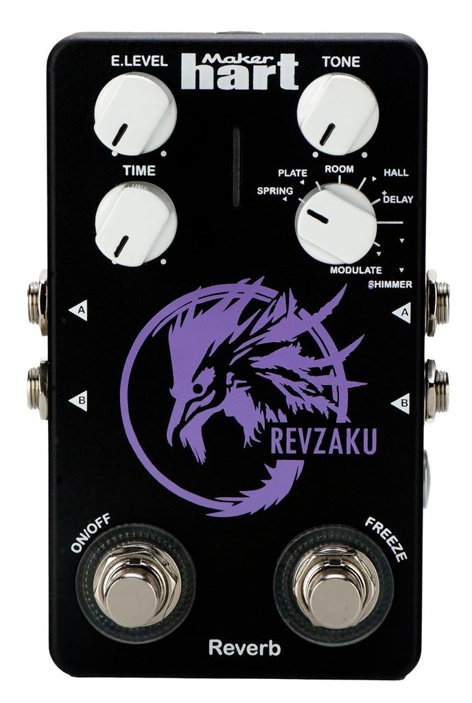 Maker Hart Guitar effects pedal with 7 reverb FREEZE FLUCT DSP and stereo Reverb modes, function, effect, 32-bit processing, input/output support.