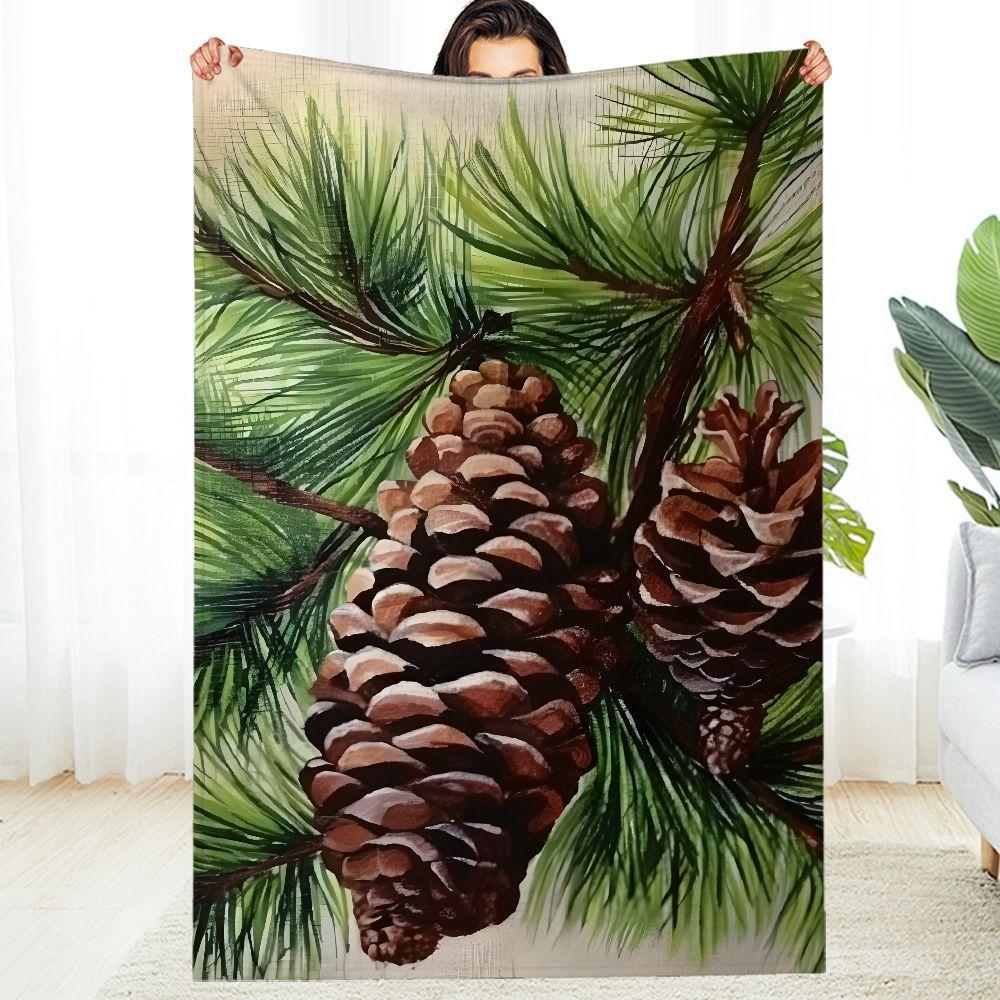 1pc Cozy Pine Cones   Needles Blanket - Green/Grey/Golden Fleece Bedspread,All-Season Soft Warm Throw,Tear-Resistant 130x150cm51x59in